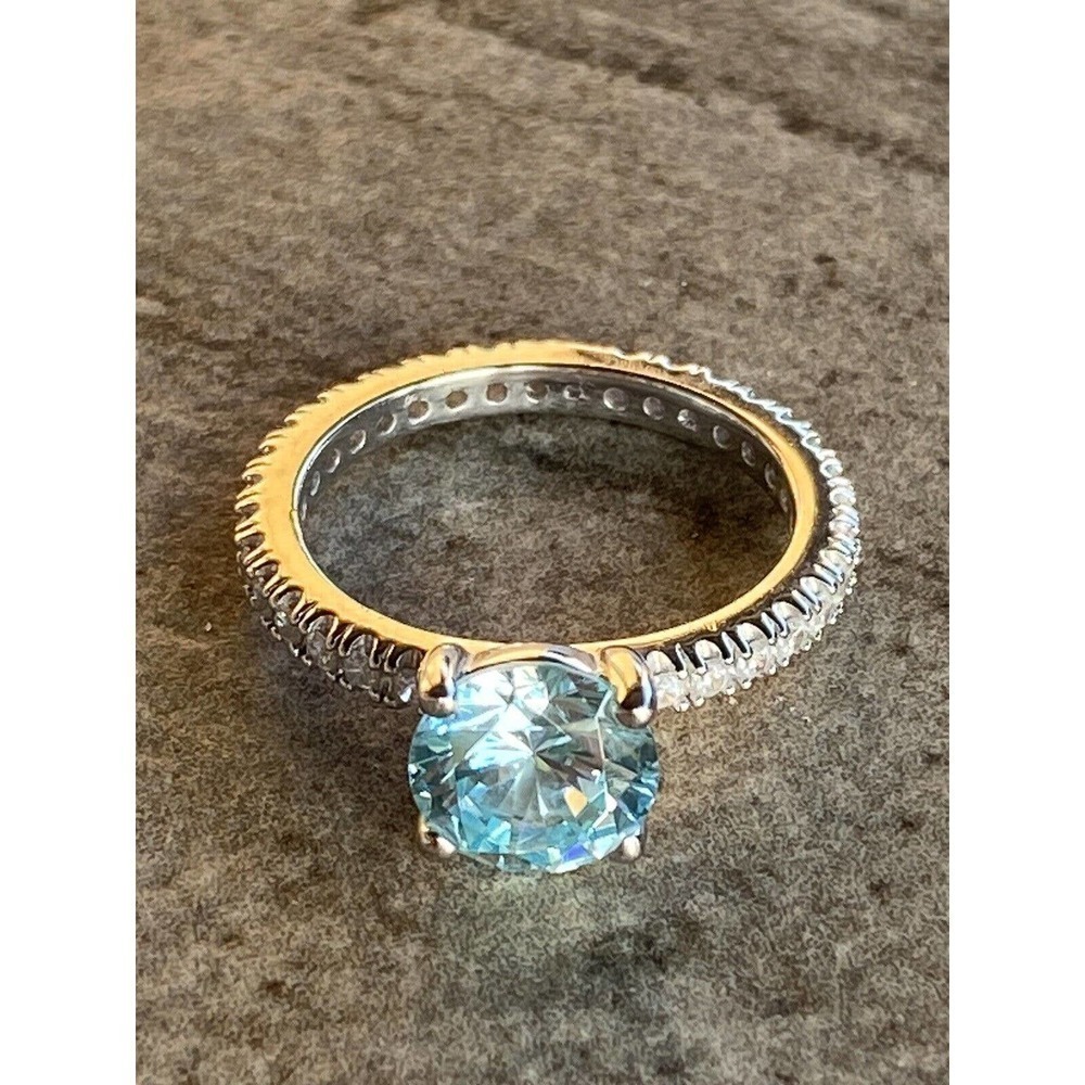 925 BBJ Ring Sterling Silver Aqua Blue Tourmaline & CZs Size 9 4.55g